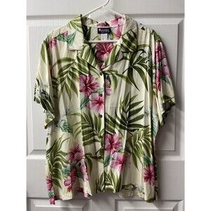 Puanari Short Sleeve Hawaiian Shirt Womens Size 2X Pink Green Cream Made in USA